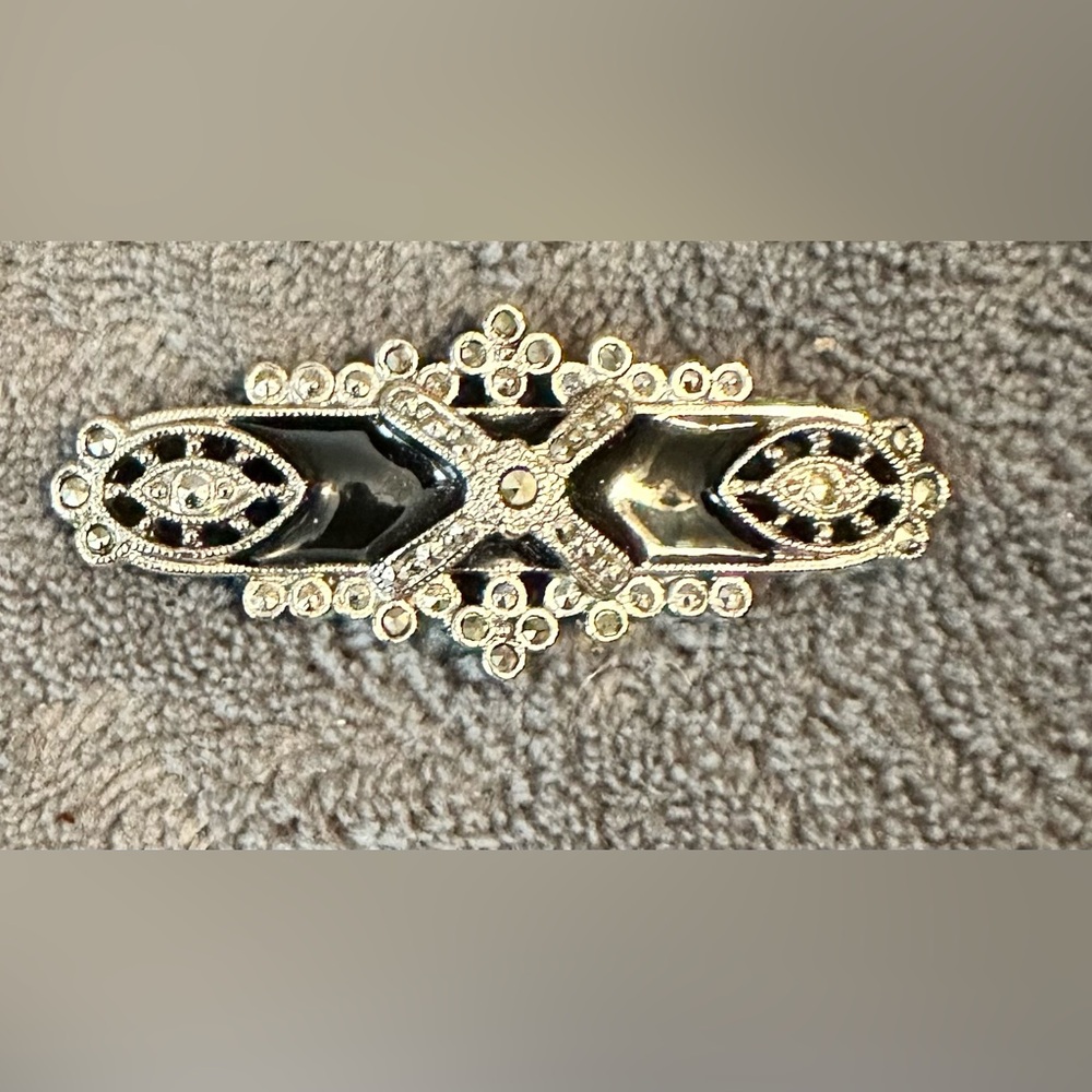 Vintage Victorian Revival Marcasite And Enamel Silver Tone Brooch